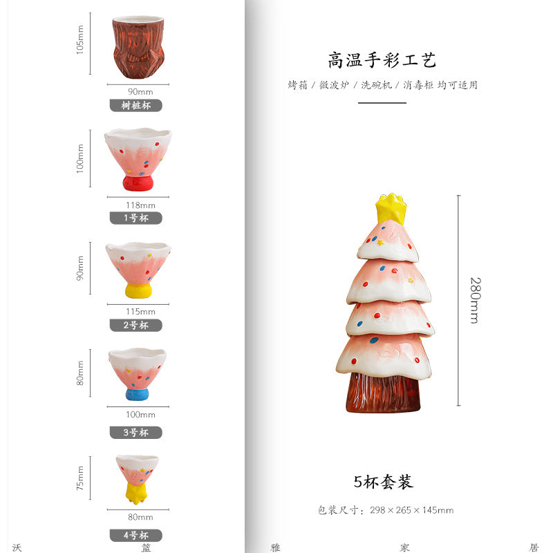 Stackable Christmas Tree Cup Set – 5PCS Hand-Painted Ceramic Tea Cups Gift