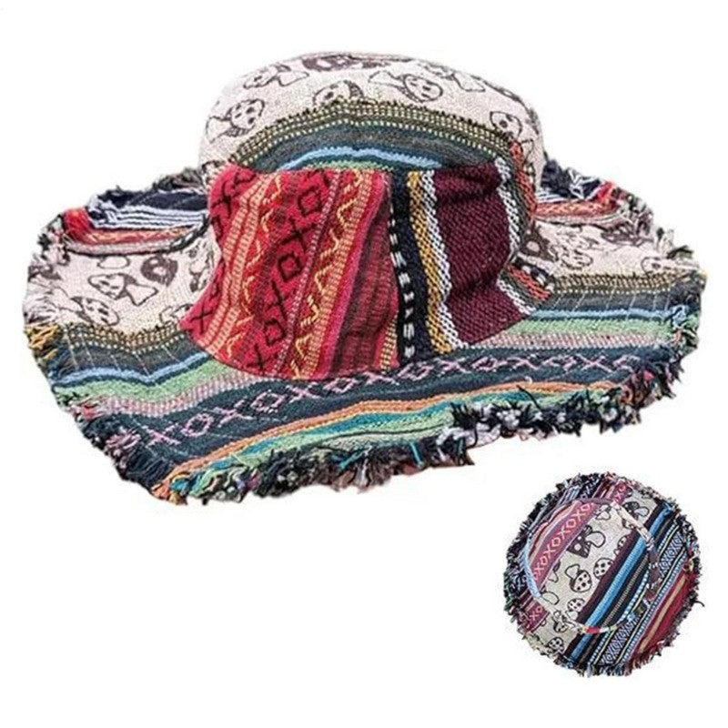Multicolored Mushroom Hemp Fedora Handmade Sun Hat with Hidden Pocket Unique Cap