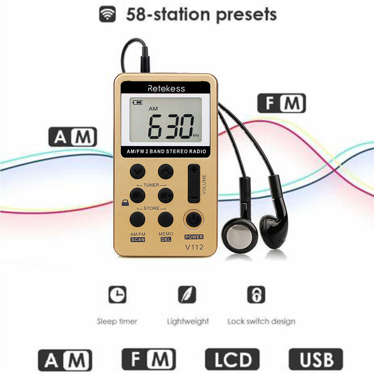 Retekess V112 Portable AM/FM Radio – Rechargeable Pocket Walkman with Earphone for Sports, Walking & Outdoor Use