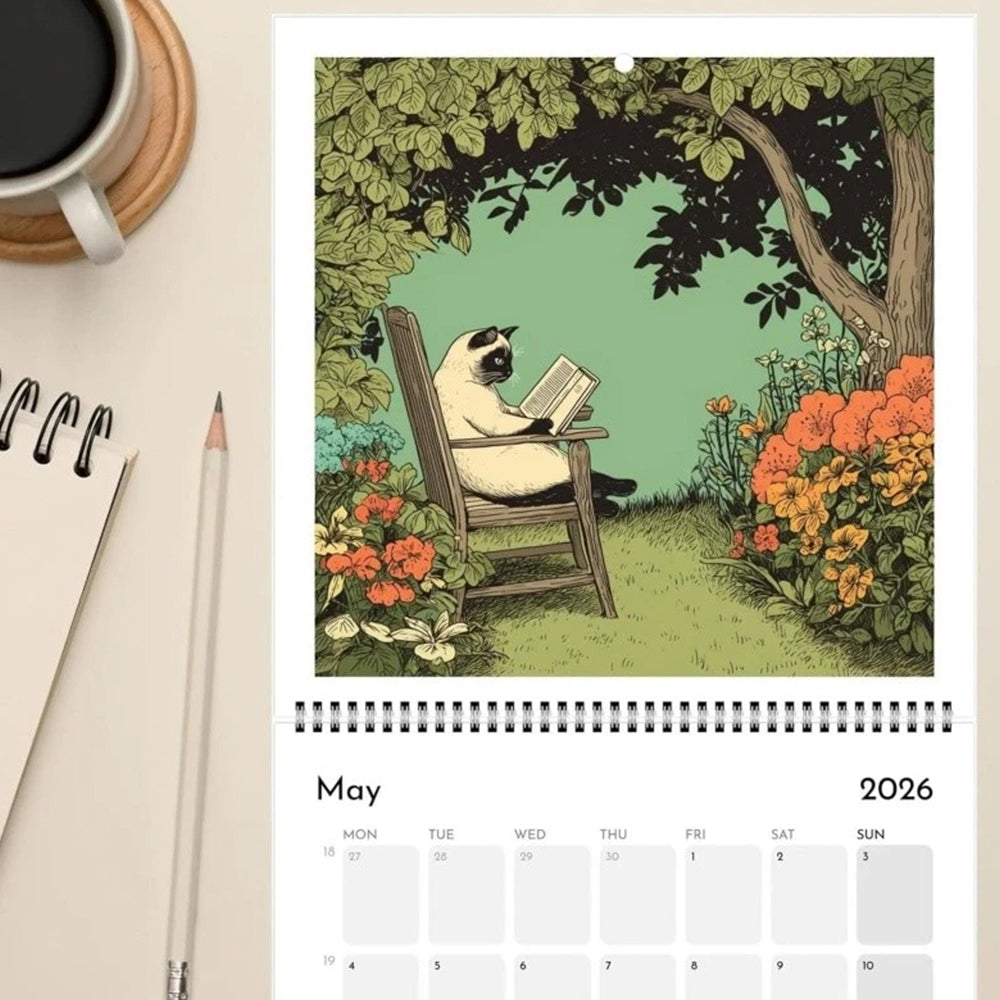Cats Chillin' with Books 2026 Wall Calendar – 12-Month Cat-Themed Planner with Cozy Reading Illustrations