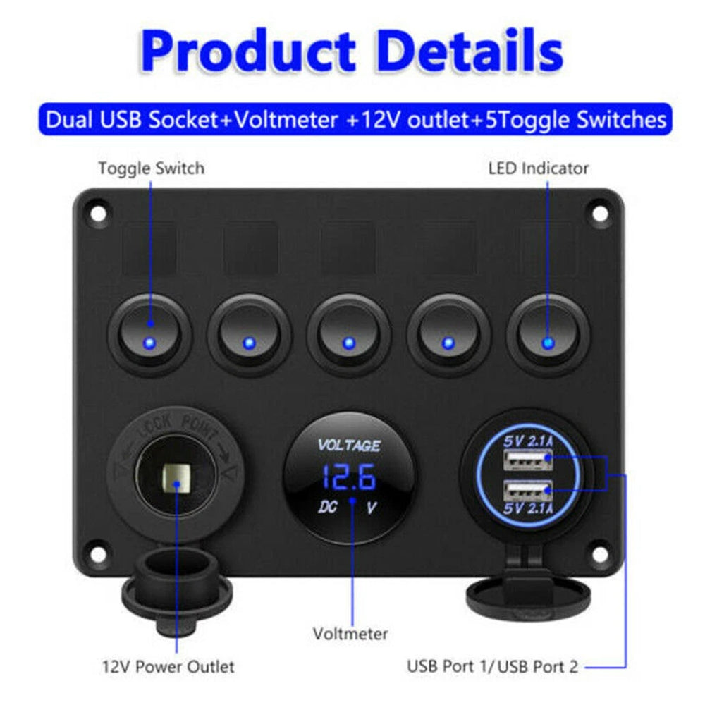 5 Gang Campervan RV 12V LED Light Switch Control Panel Voltmeter USB Charger