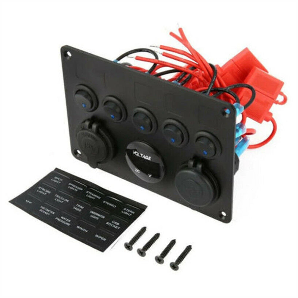 5 Gang Campervan RV 12V LED Light Switch Control Panel Voltmeter USB Charger