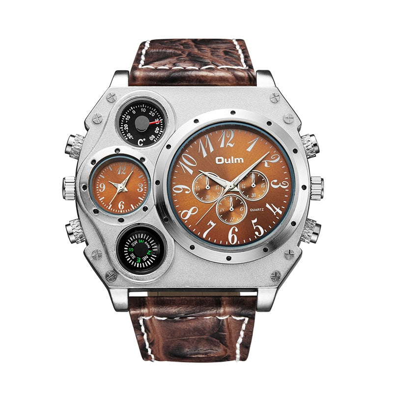 Men Army Sports Fashion Two Time Zones Big Dial Leather Strap Quartz Wrist Watch