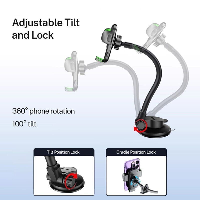 Gooseneck Phone Holder Suction Mount for Car Windscreen or Dashboard Long Arm