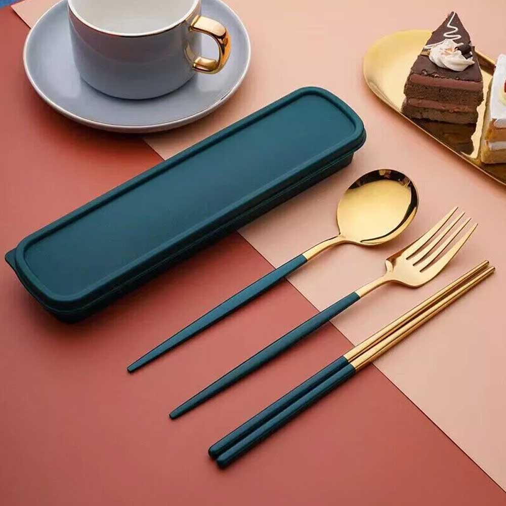 Cutlery Set Stainless Steel Spoon Fork Knife Chopsticks Travel Box Bag