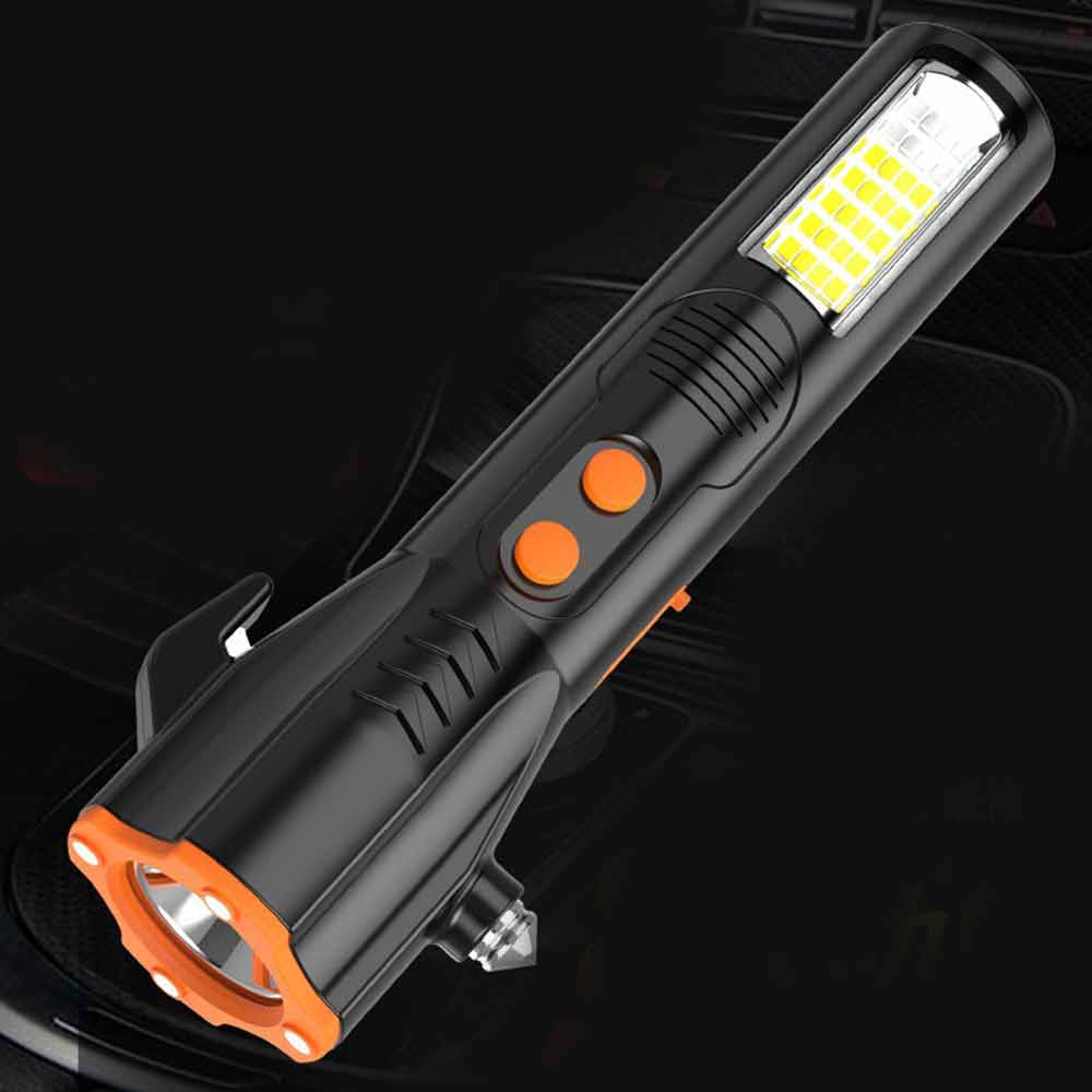 Emergency Torch Rechargeable Flashlight Black light With Magnet Safety Hammer