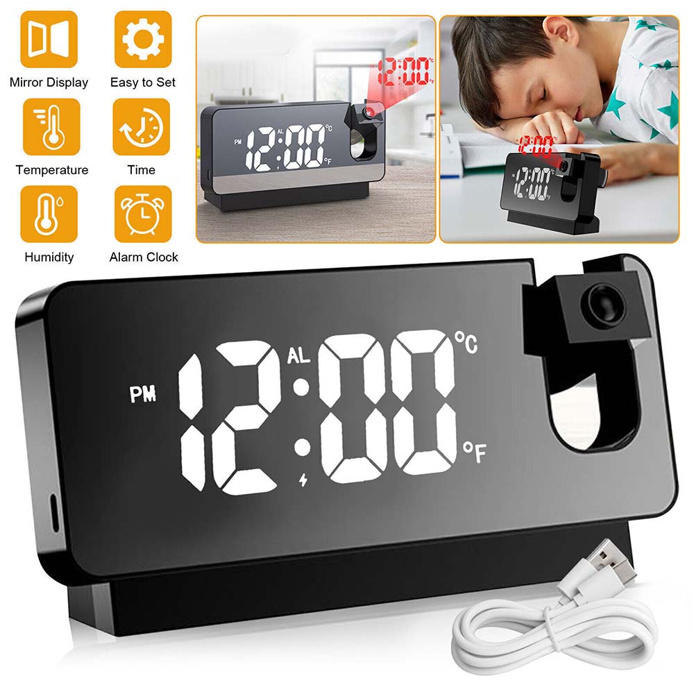 LED Digital Mirror Projection Alarm Clock Time Projector Thermometer Display USB