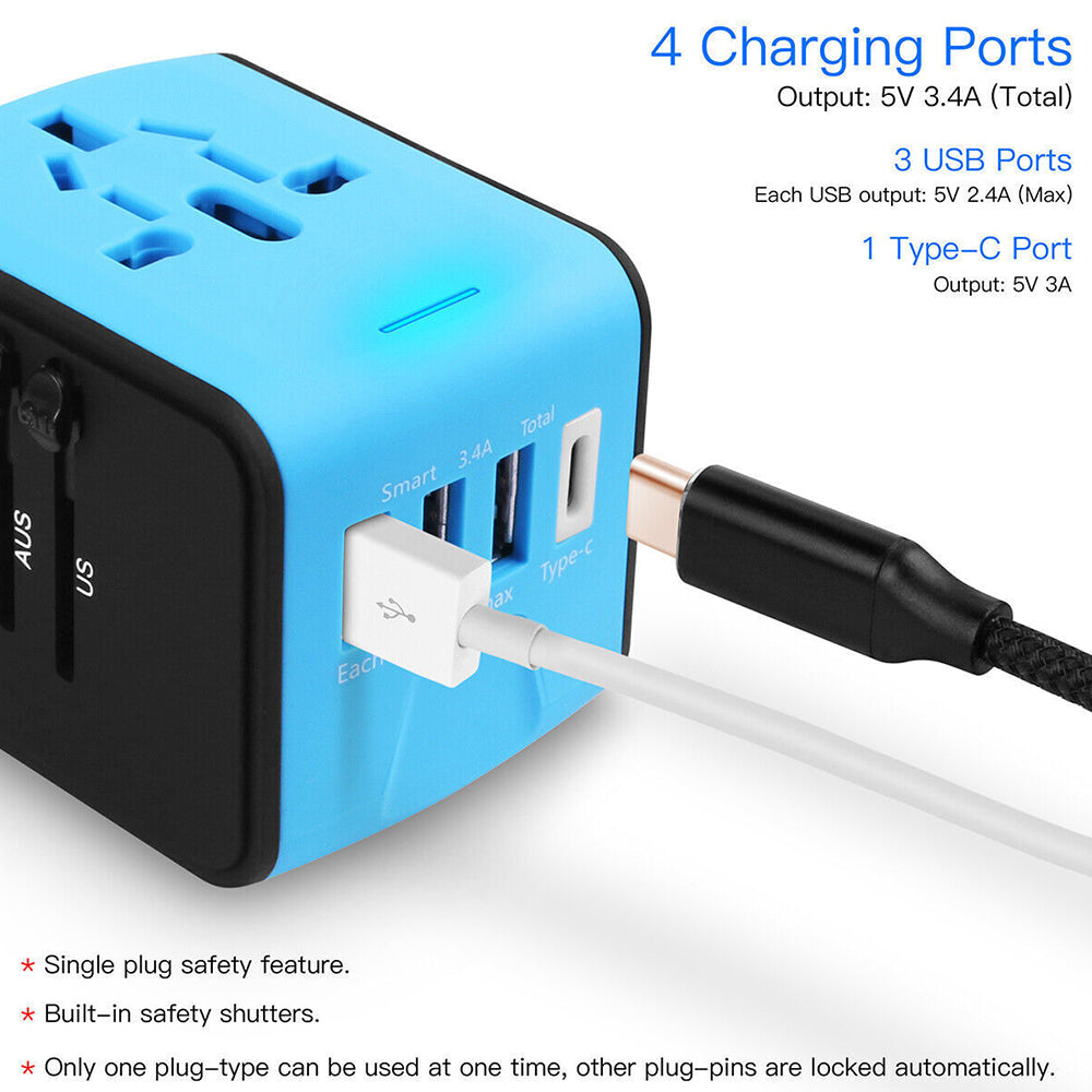Universal World Travel Adapter 3 USB + Type-C Charger US/UK/EU/AU Plug Converter