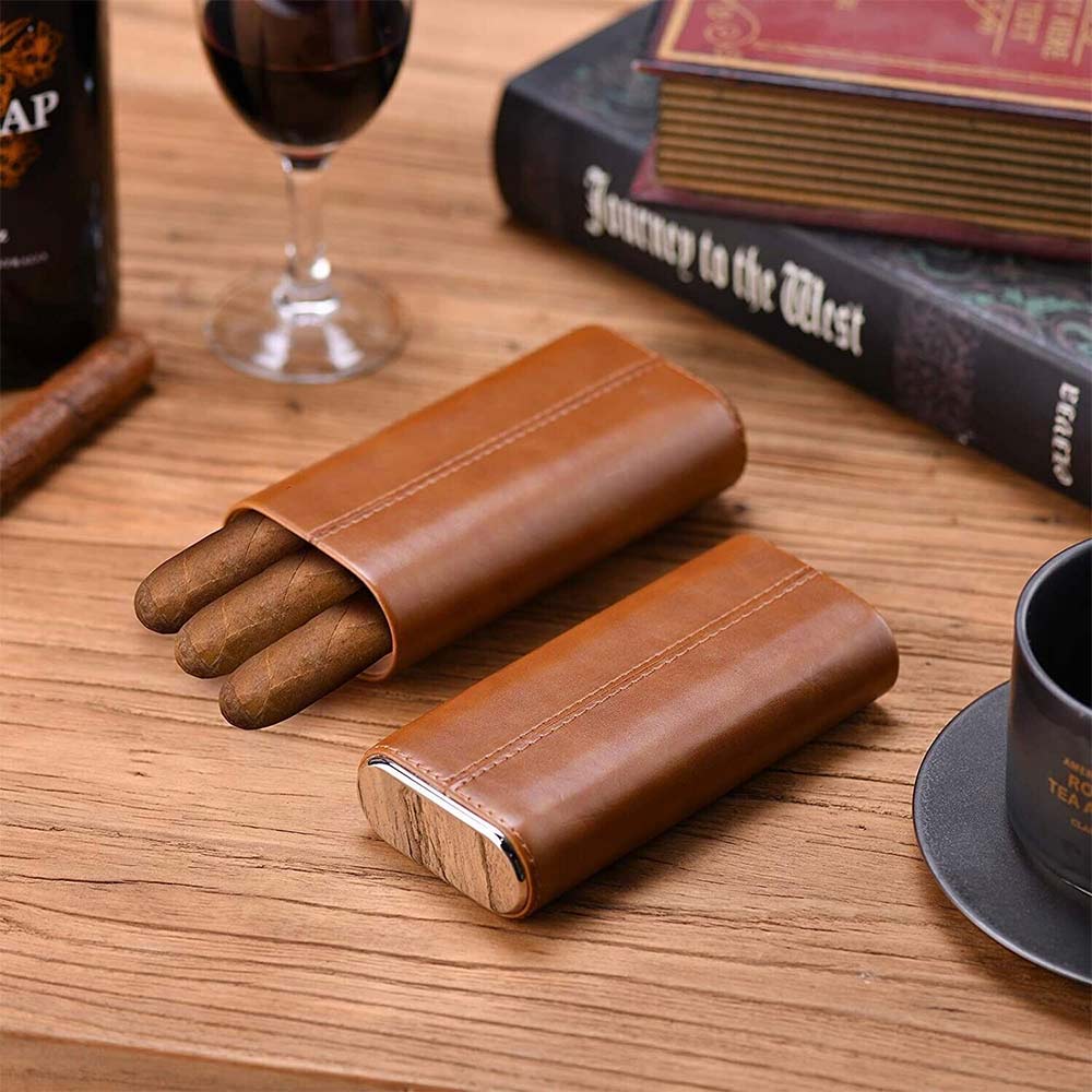 Cigar case Cedar Wood Lined - Cigar Travel case Cigar Cutter humidor case Brown