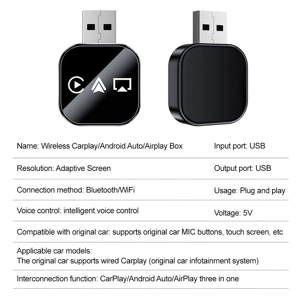 3-in-1 Wireless CarPlay & Android Auto Adapter - iOS Mirror, USB Plug & Play