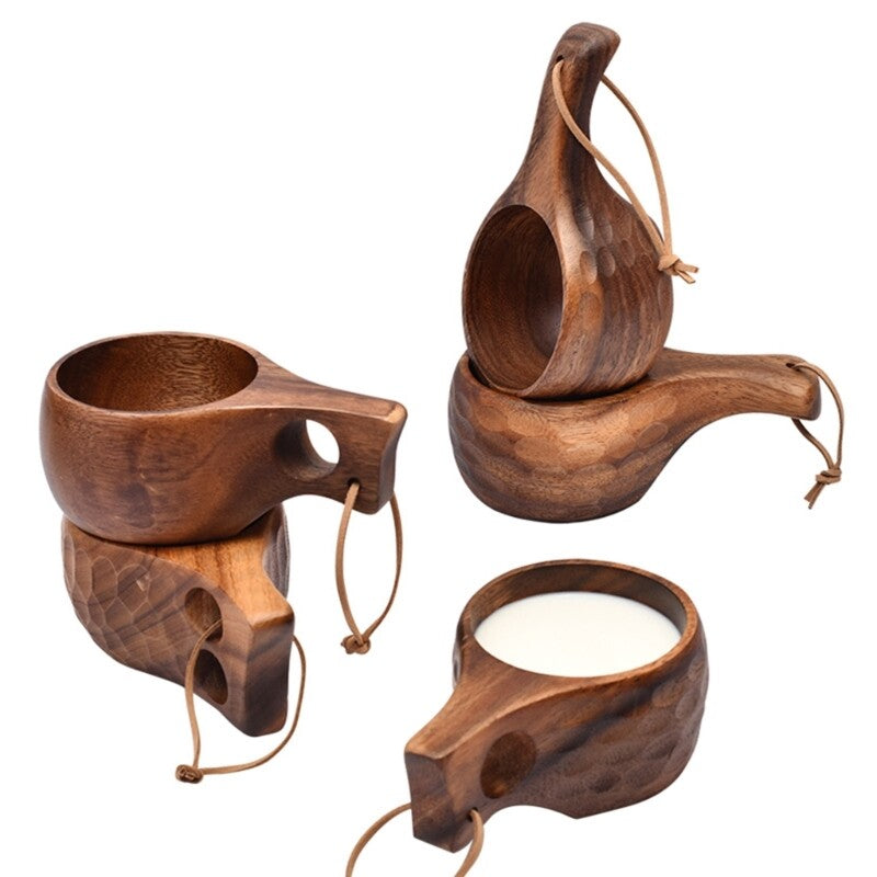 Finland Kuksa Portable Coffee Mug Acacia-Wood Handle Cowhide Rope Hook Juice Cup