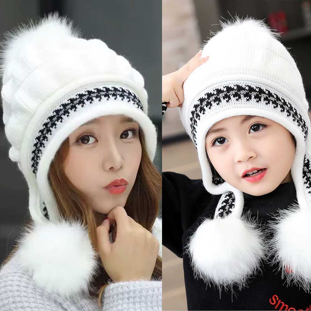 Knitted Beanie Hat with Ear Flaps & Pom Pom - Winter Ski Cap Warm White