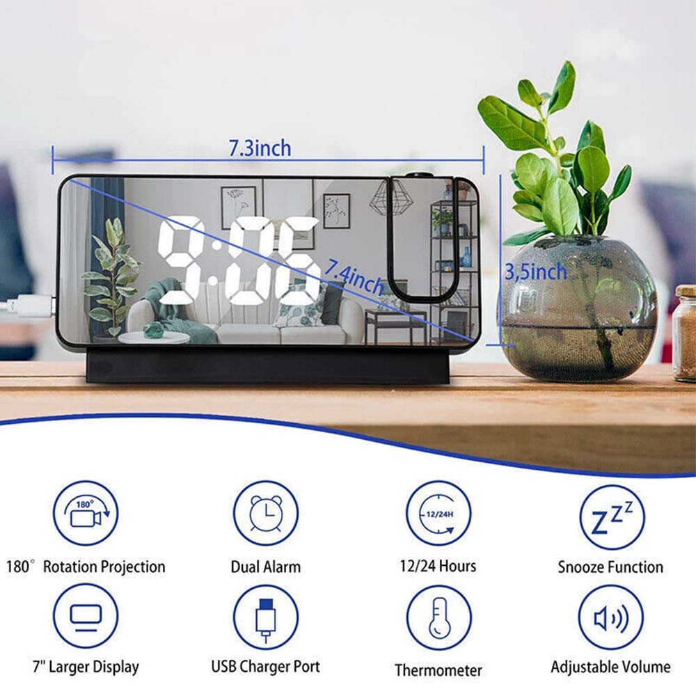 LED Digital Mirror Projection Alarm Clock Time Projector Thermometer Display USB