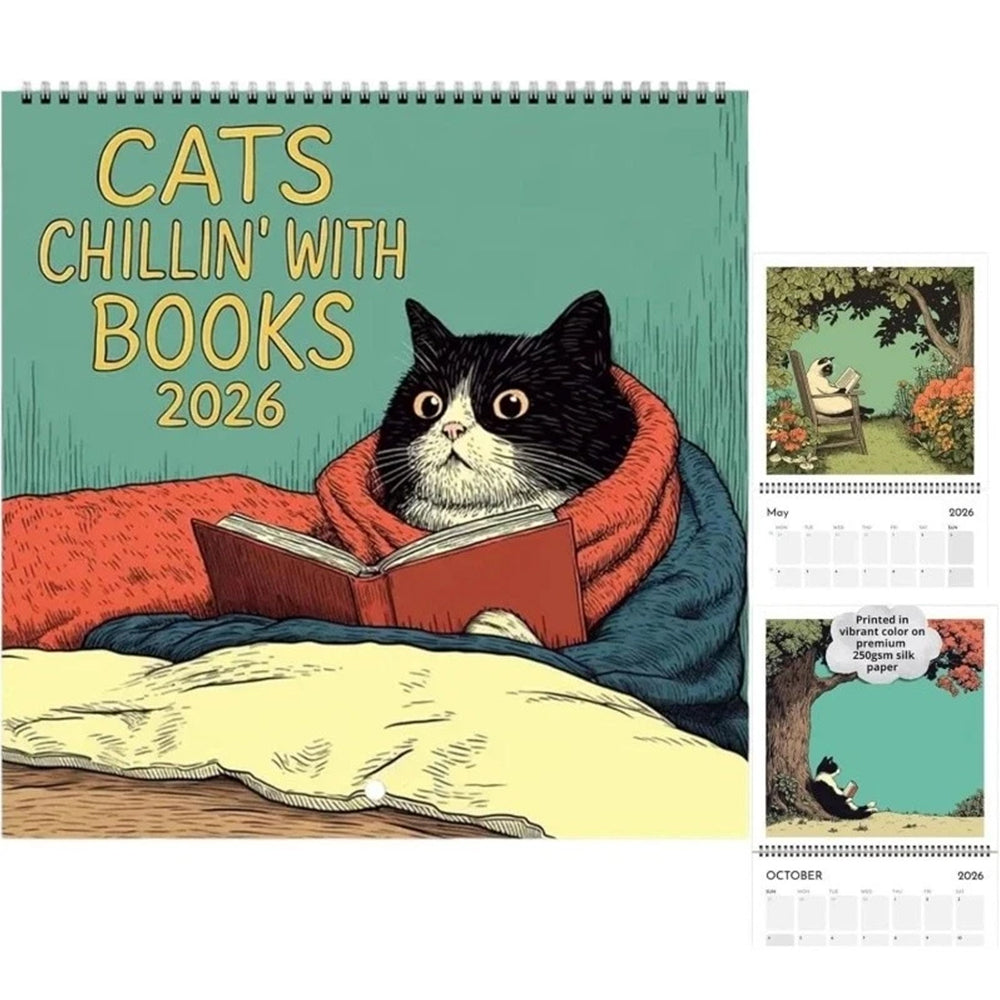 Cats Chillin' with Books 2026 Wall Calendar – 12-Month Cat-Themed Planner with Cozy Reading Illustrations