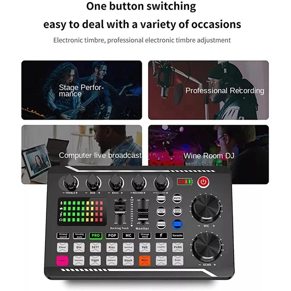 Live Sound Card and Audio Interface with DJ Mixer Effects and Voice Changer F988