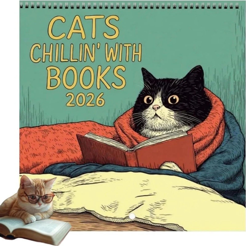 Cats Chillin' with Books 2026 Wall Calendar – 12-Month Cat-Themed Planner with Cozy Reading Illustrations