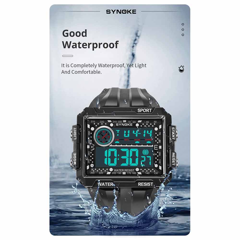 Men Sports Electric Watch Fashion Waterproof Shock Resist Large Screen Watch