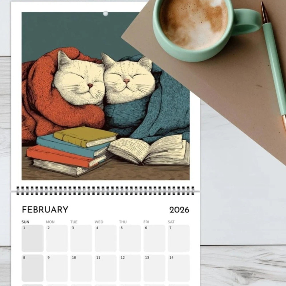 Cats Chillin' with Books 2026 Wall Calendar – 12-Month Cat-Themed Planner with Cozy Reading Illustrations