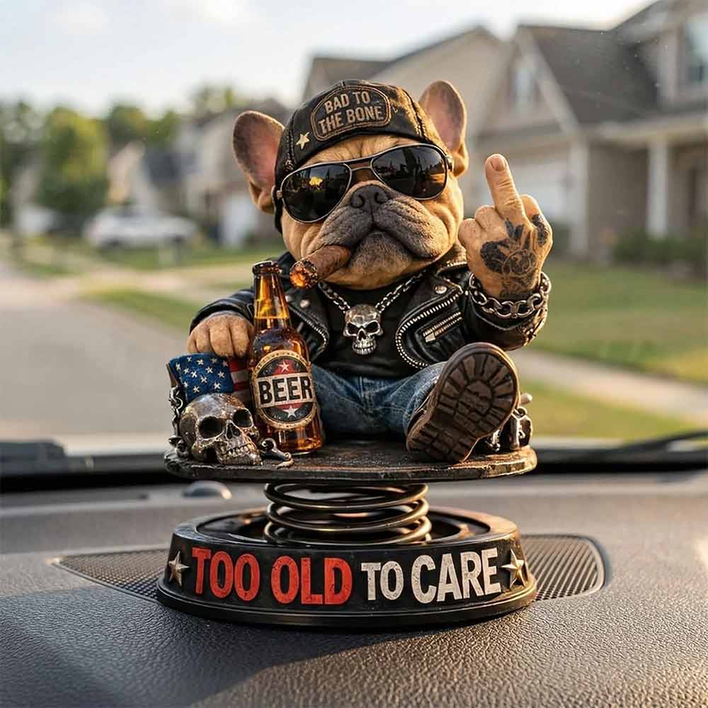 “Too Old To Care” Dashboard Bobblehead – Funny Resin Bulldog Nodding Head Dog