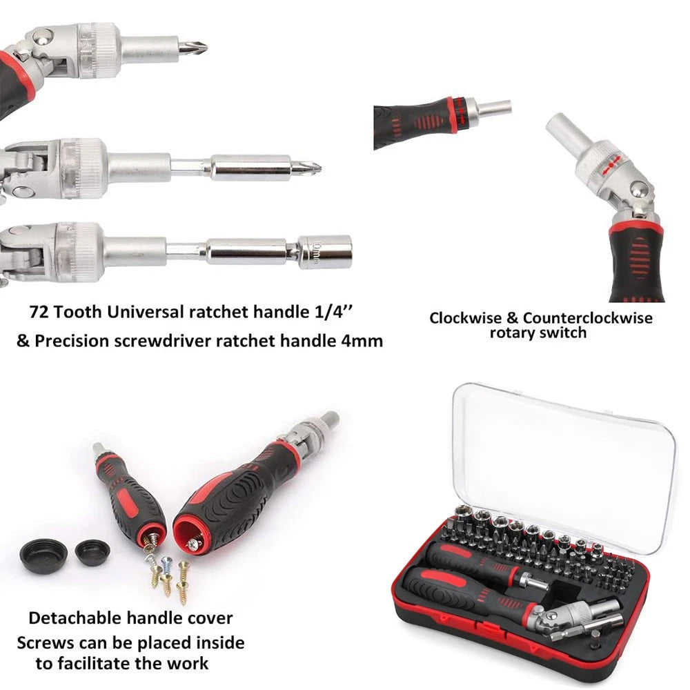 61-Piece Ratchet Screwdriver Set - 1/4" Hex Torx & Socket Kit with Right-Angle Handle