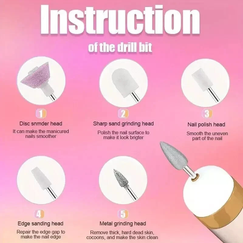 Electric Nail File Drill Portable USB Manicure Pedicure Machine Set Professional