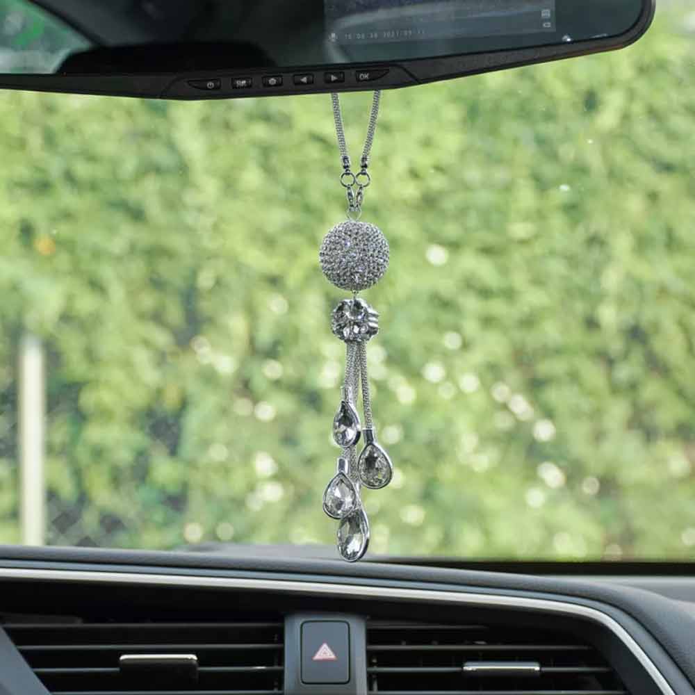 White Crystal Disco Ball Charm Hanging Ornament Car Rear View Mirror Pendant