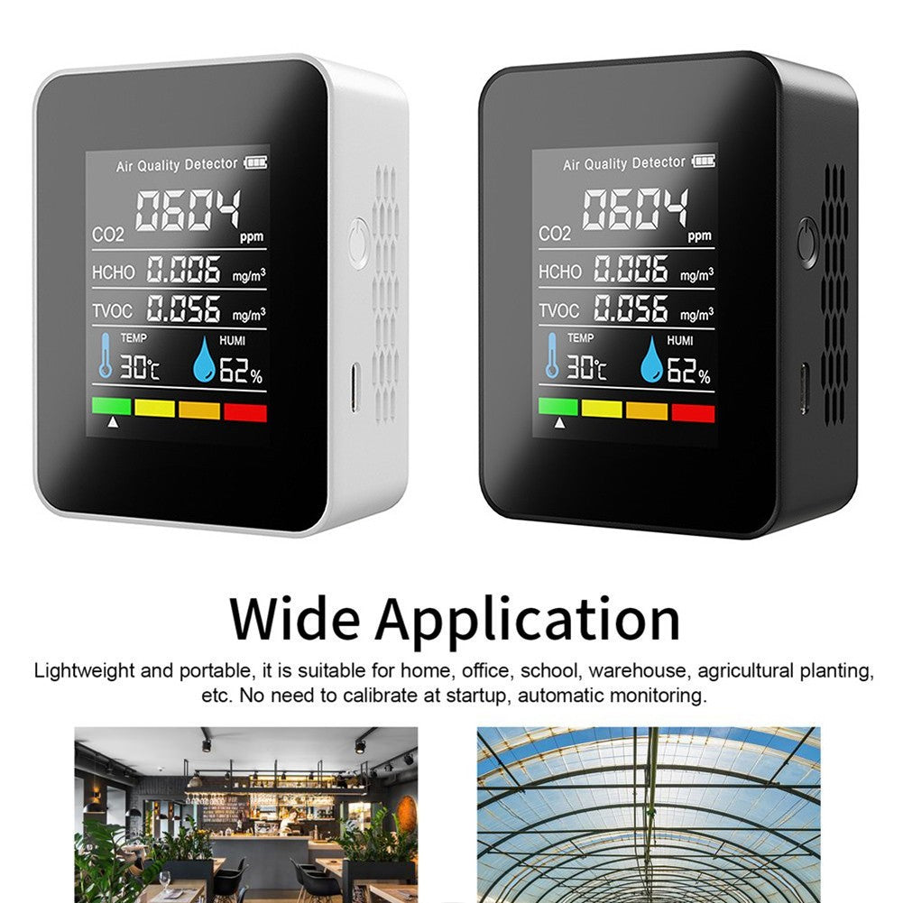 5-in-1 Air Quality Monitor – Portable CO2, HCHO, TVOC, Temp & Humidity Detector with USB-C Recharge