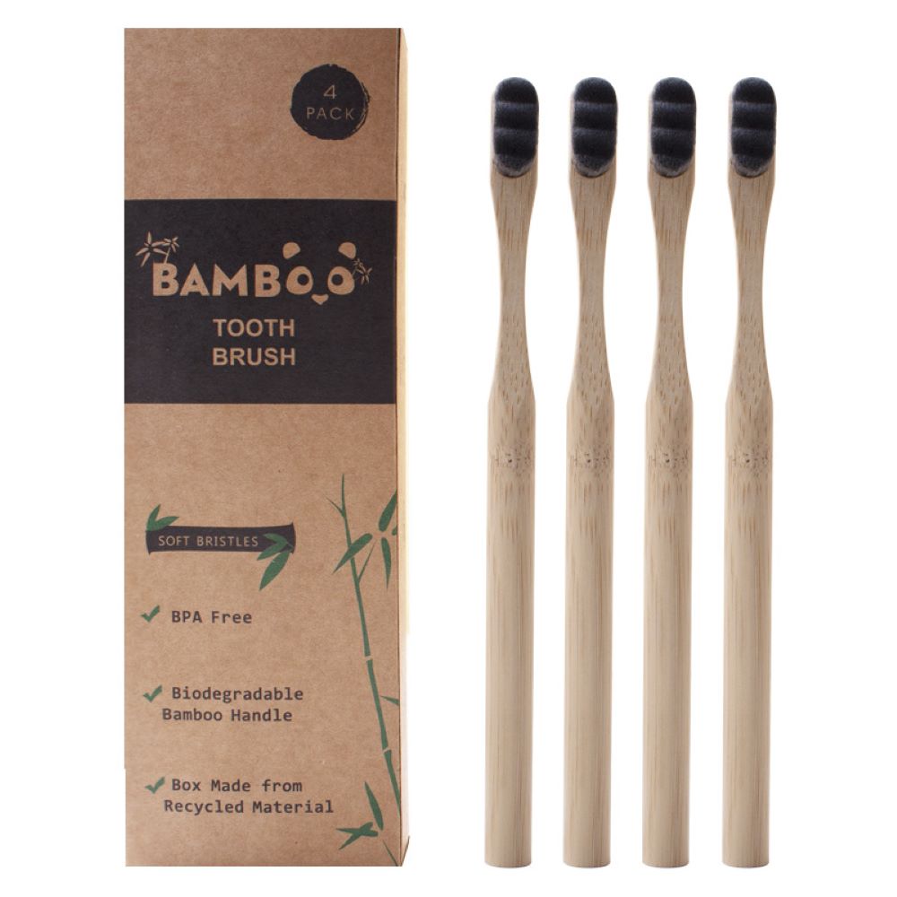 Gray Bamboo Toothbrush Set – 4-Pack, Extra Dense Bristles, Eco-Friendly