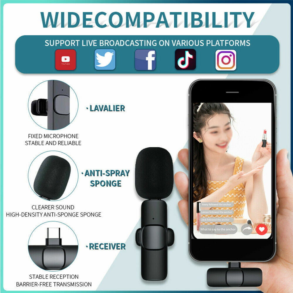 Wireless Lavalier Microphone Mini Mic For Android iPhone ipad Vlog Live Stream