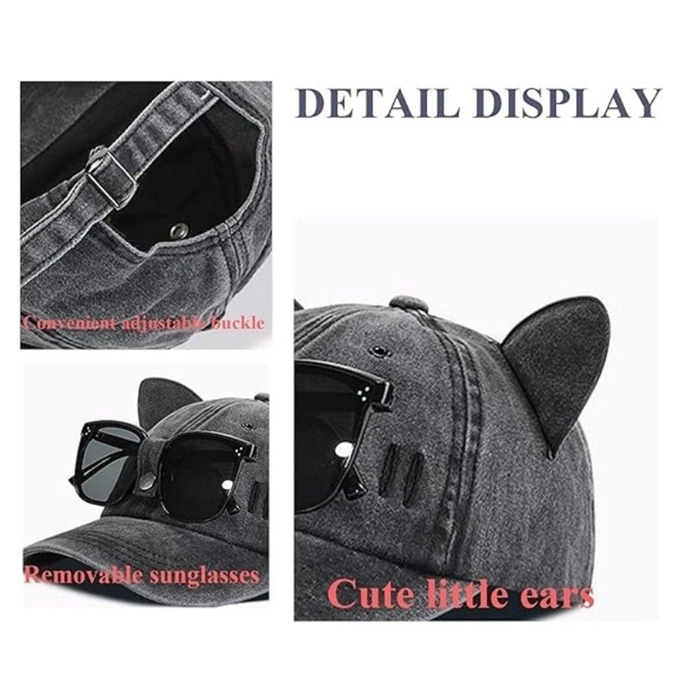 Baseball Cap with Cat Ears & Sunglasses - Funny Vintage Washed Dad Hat for Women & Men