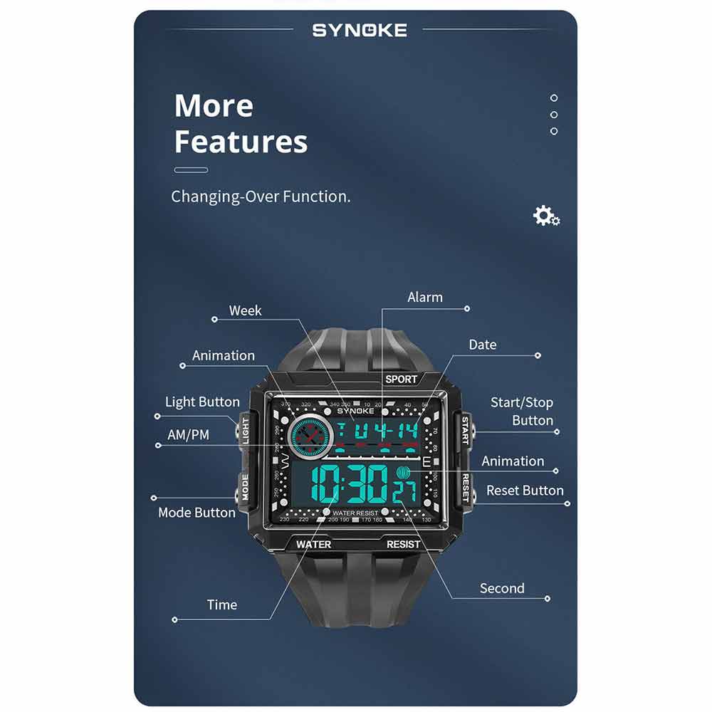 Men Sports Electric Watch Fashion Waterproof Shock Resist Large Screen Watch