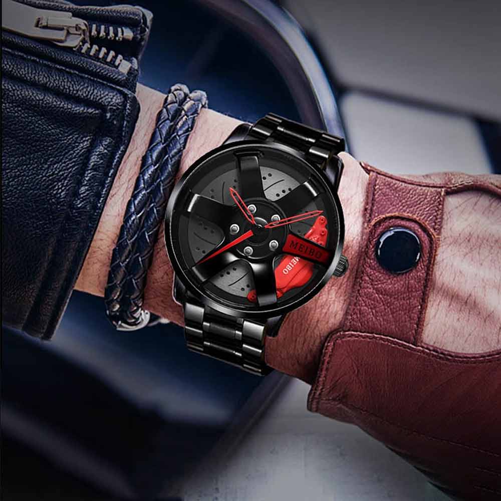 Mens Quartz Watch, Car Wheel Watch Fashion Sport Watch Mesh Rim Hub Wrist Watch
