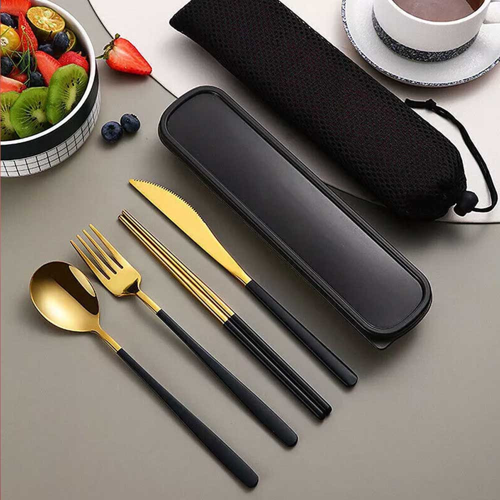 Cutlery Set Stainless Steel Spoon Fork Knife Chopsticks Travel Box Bag