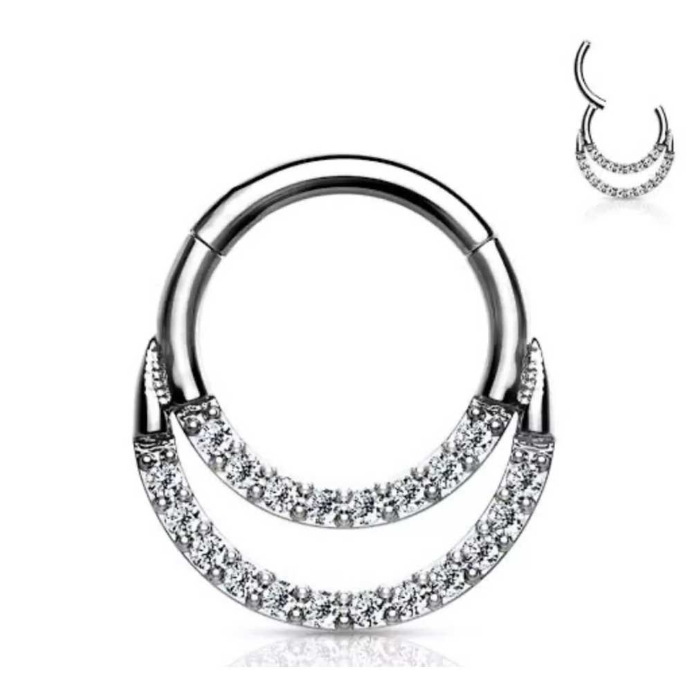 Surgical Steel 16g Double Layered Hinged Ring CZ Clicker Nose Septum Piercing