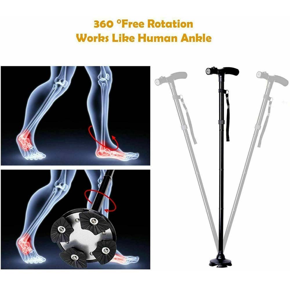 Folding Walking Stick LED Light Cane Adjustable Pole Handle Lightweight Strap