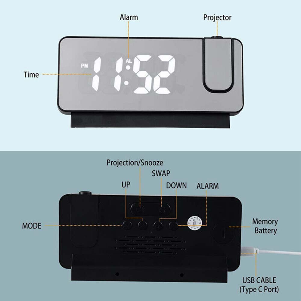 LED Digital Mirror Projection Alarm Clock Time Projector Thermometer Display USB