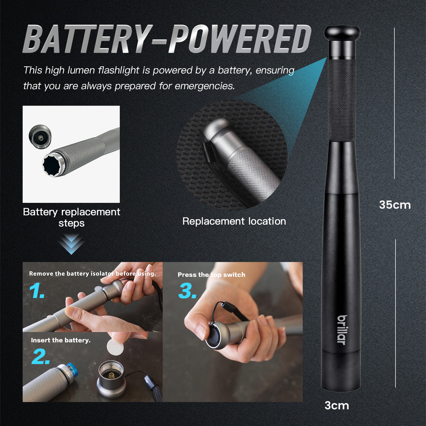Brillar 35cm Long Aluminium Torch Flashlight - Black - Self Defence Light