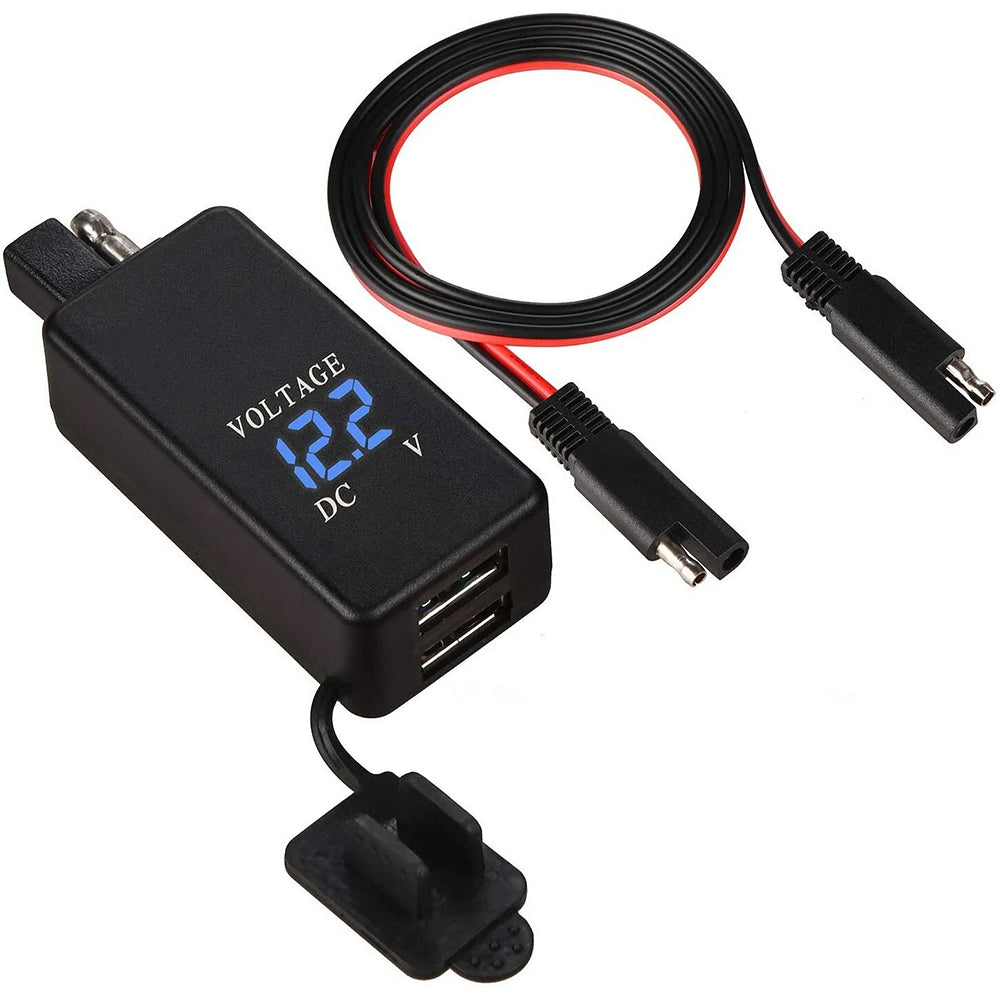 12V Motorcycle SAE to USB Dual Port Charger Voltmeter Cable Adapter Waterproof