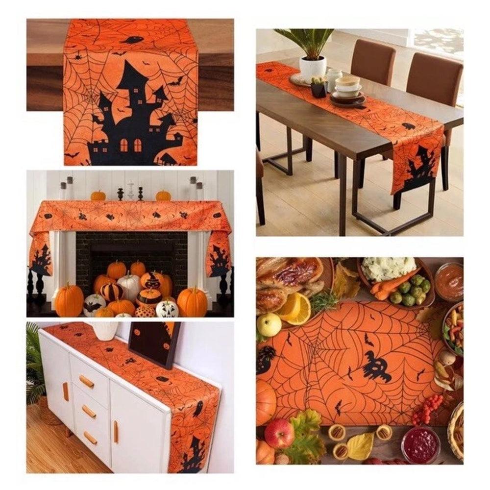 Halloween Table Runner Orange Autumn Kitchen Dining Cobweb Castle 275*33cm