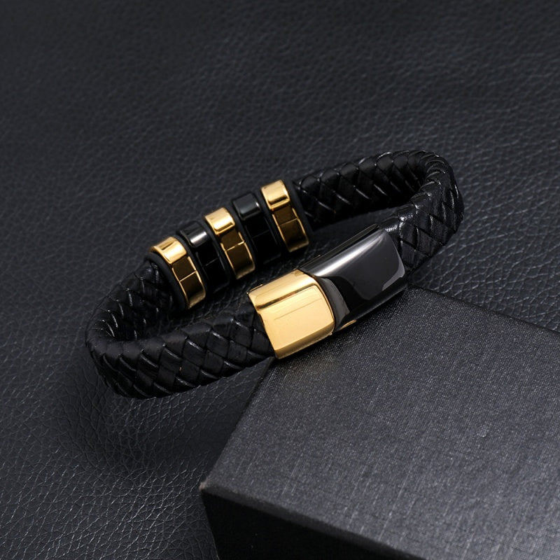 Mens Magnetic Braided Wristband Leather Rope Bracelet Bangle Wrap Black 22 cm