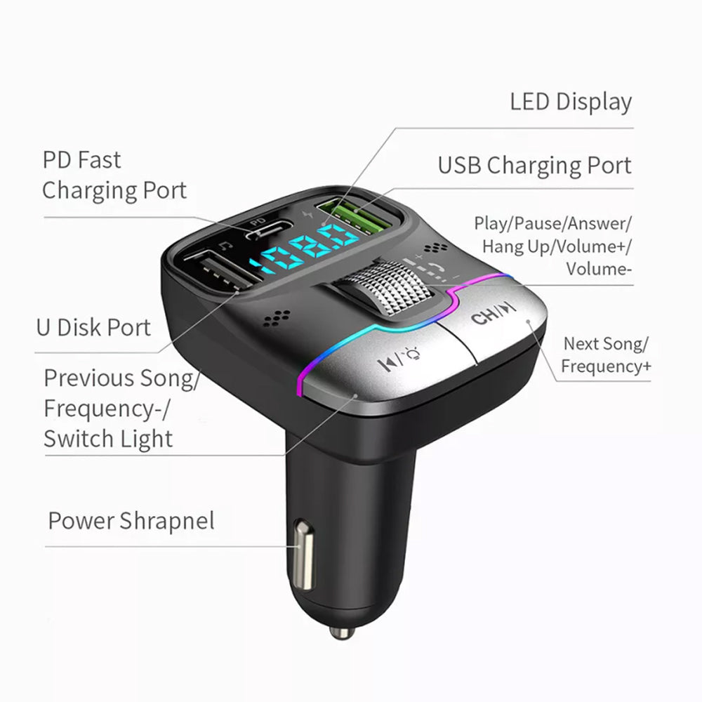 Car Bluetooth 5.3 FM Transmitter Wireless USB PD Adapter MP3 Player Fast Charger