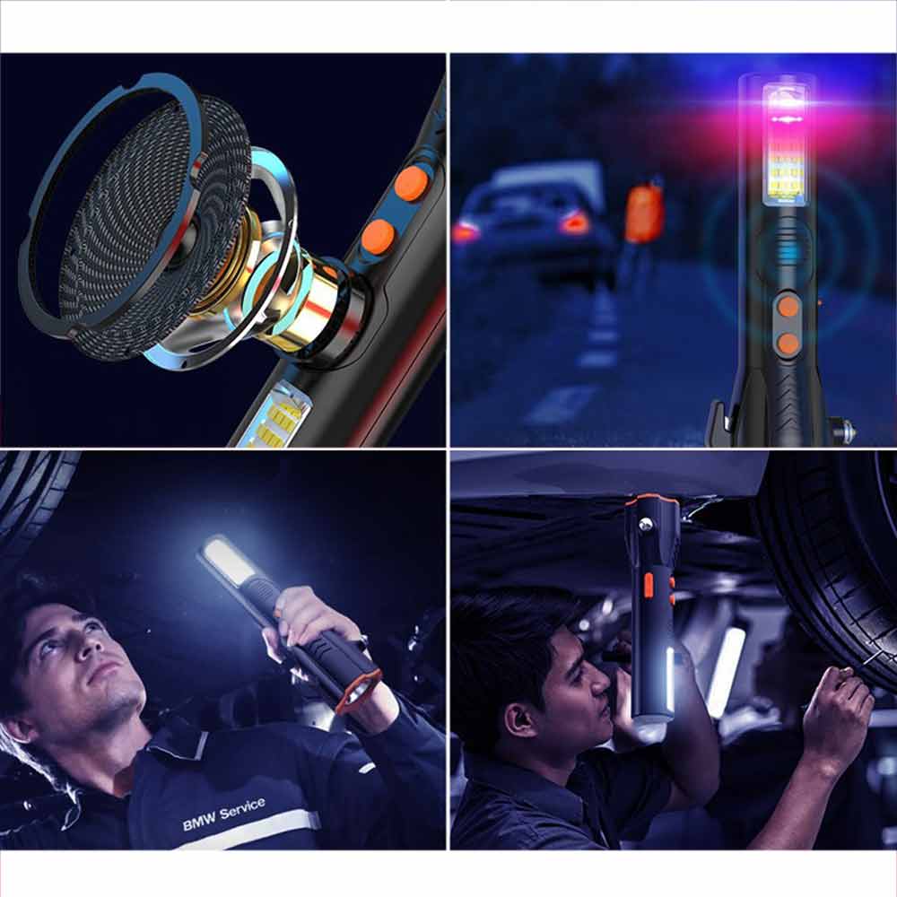 Emergency Torch Rechargeable Flashlight Black light With Magnet Safety Hammer