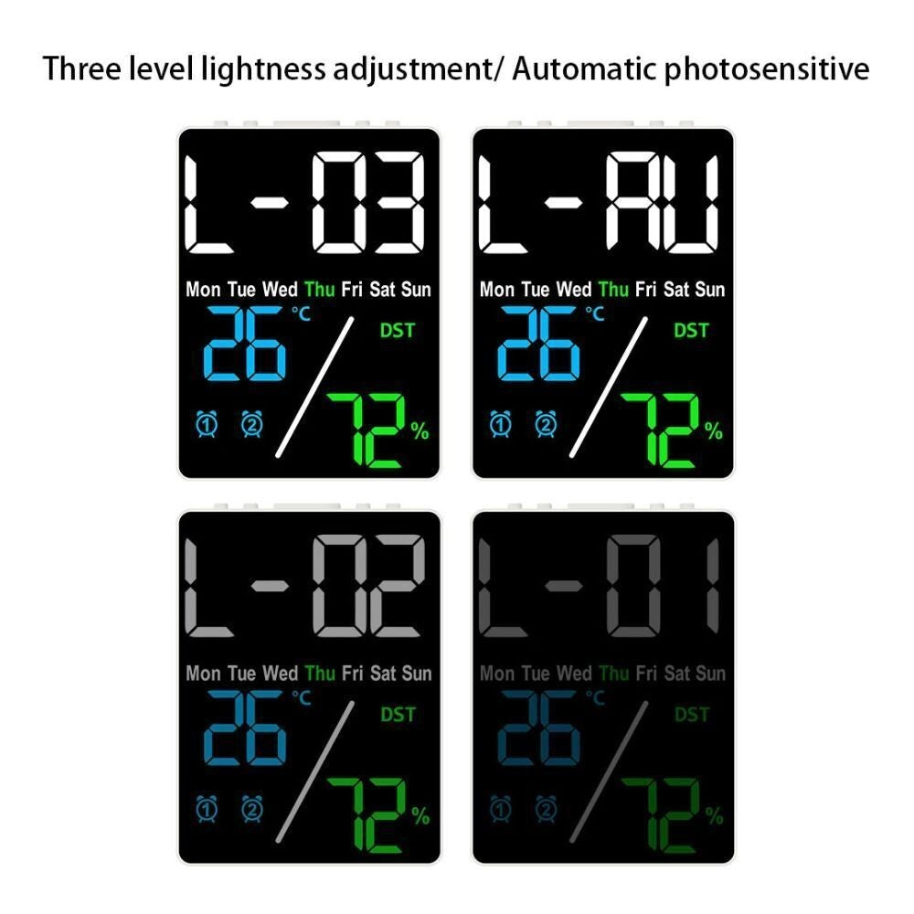 LED 3 Color Digital Wall Clock Wall Time Temperature Humidity Display