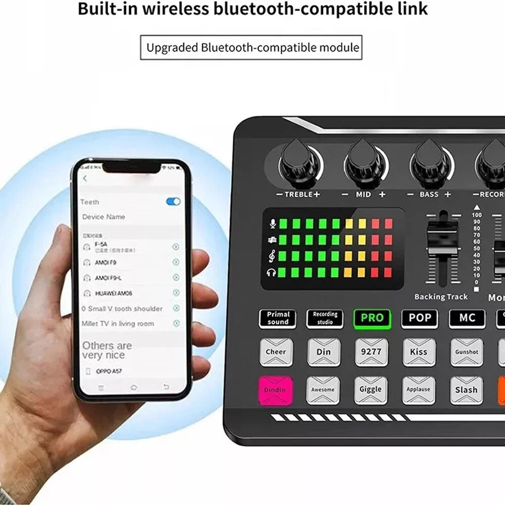 Live Sound Card and Audio Interface with DJ Mixer Effects and Voice Changer F988