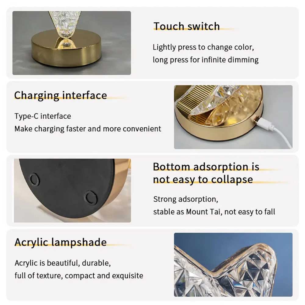 Crystal Touch Table Lamp – USB Rechargeable LED Night Light, Dimmable