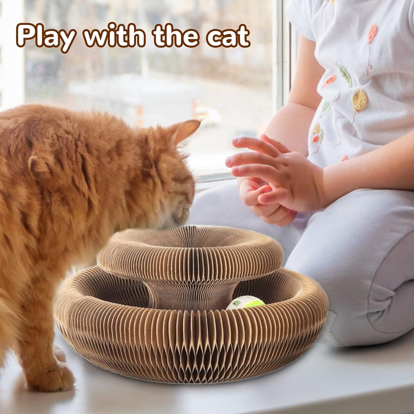 Magic Organ Cat Scratching Board – Foldable Corrugated Cardboard Scratcher with Toy Ball & Catnip