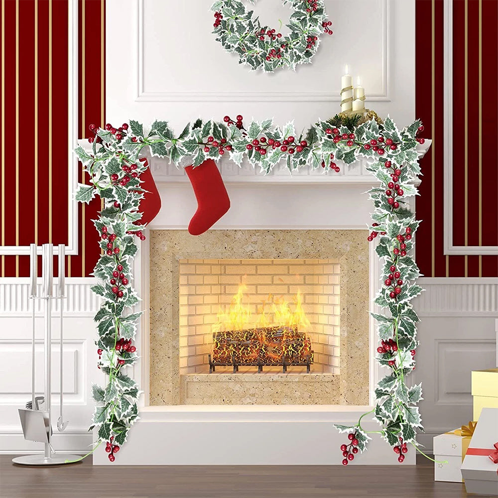 2Pcs 2.2M Christmas Garland with Holly Leaves & Red Berries Artificial Greenery for Fireplace, Stairs & Door Decor

