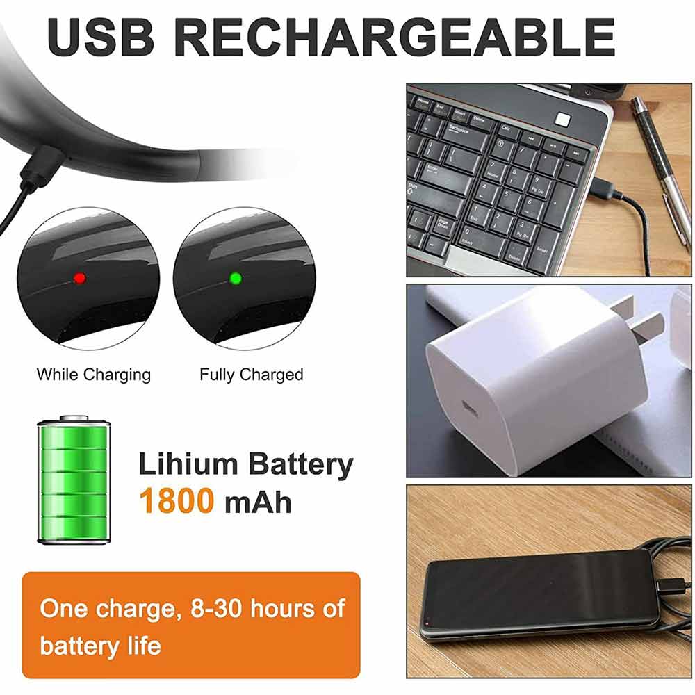 LED Neck Reading Light Flexible USB Rechargeable Book Bed Night Lamp Hands Free