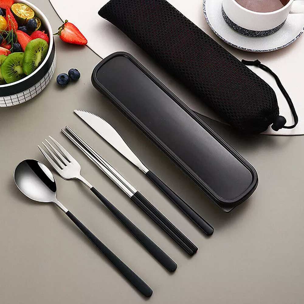 Cutlery Set Stainless Steel Spoon Fork Knife Chopsticks Travel Box Bag