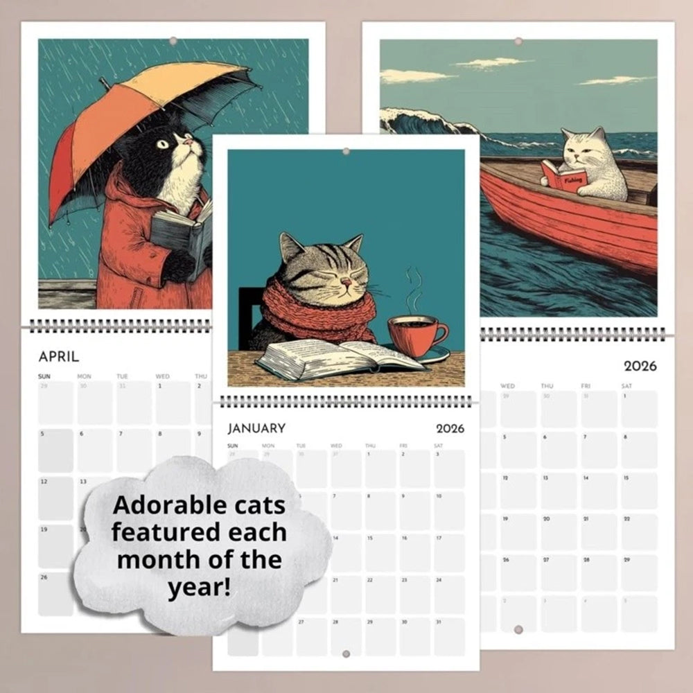 Cats Chillin' with Books 2026 Wall Calendar – 12-Month Cat-Themed Planner with Cozy Reading Illustrations